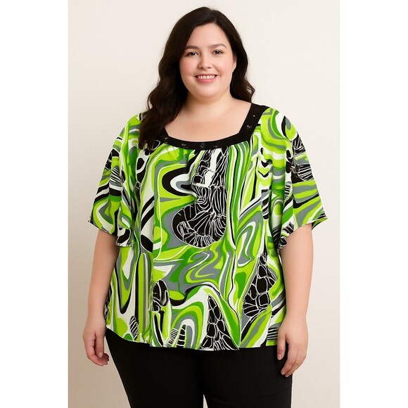 Maggie Barnes Women's Green/Black/White  Beaded Square Neck Tunic Blouse, 4X - Picture 1 of 6